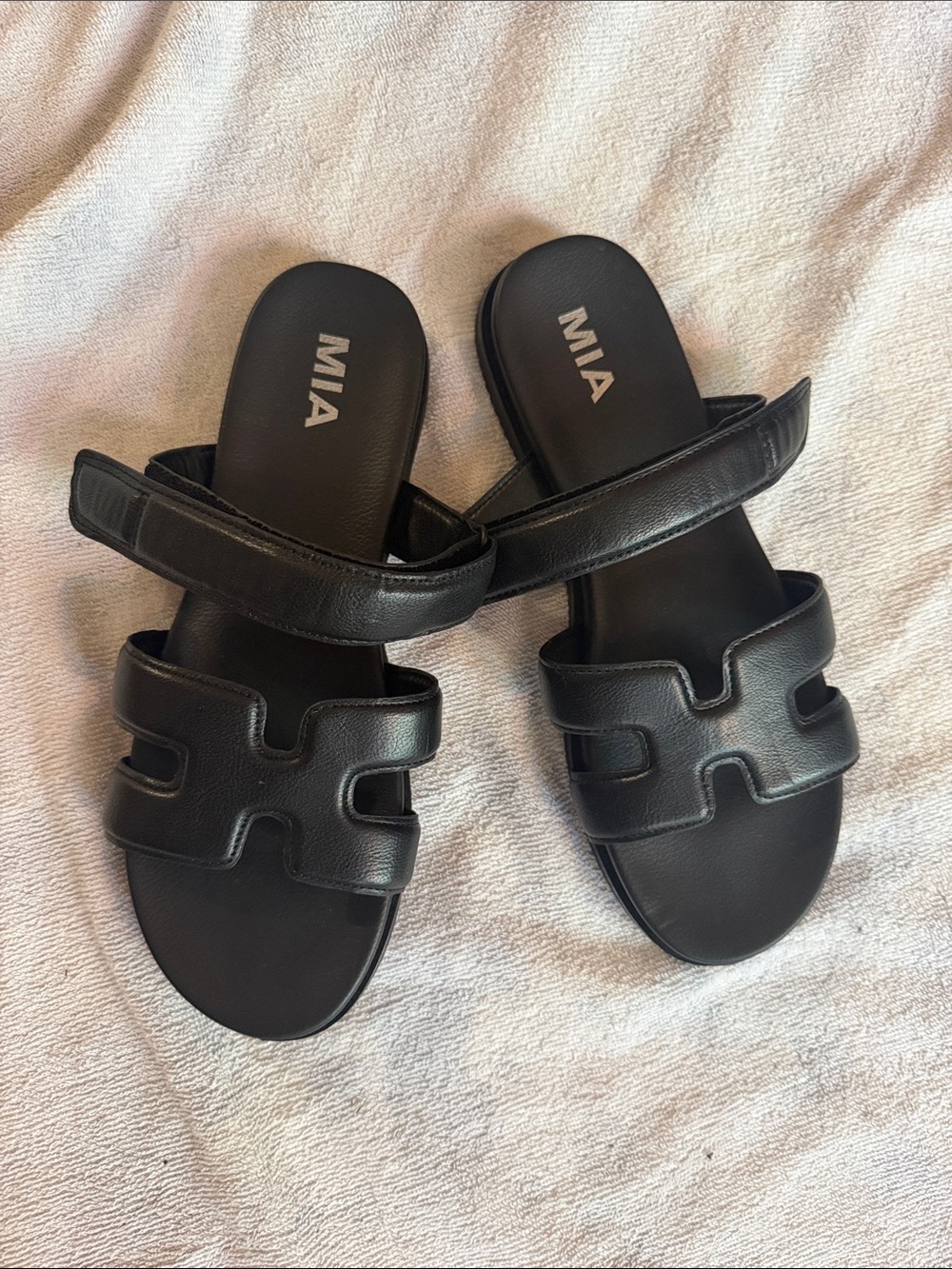 MIA Black Double-Strap Leather Slide Sandals